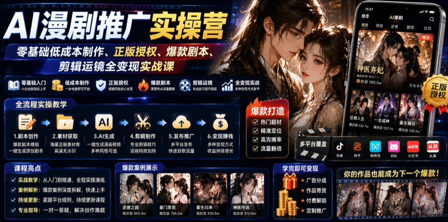 AI漫剧推广实操营|零基础低成本制作、正版授权、爆款剧本、剪辑运镜全变现实战课-韬哥副业项目资源网