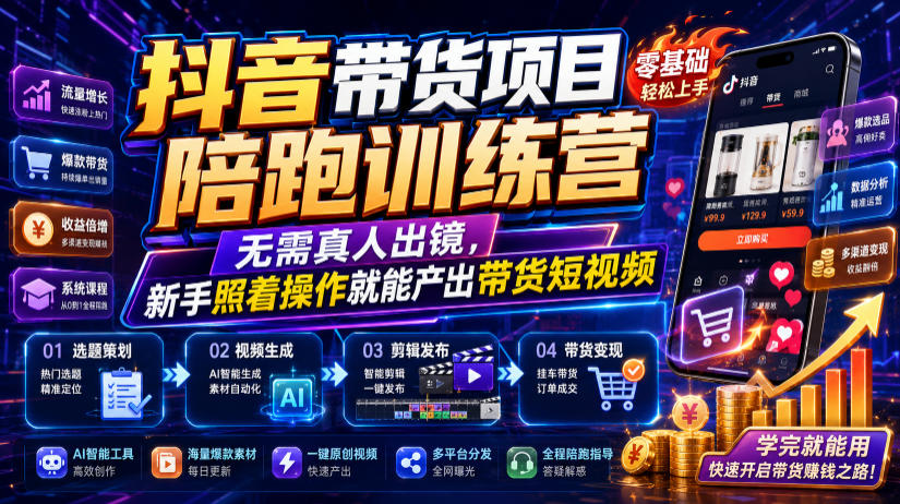 抖音带货项目陪跑训练营，无需真人出镜，新手照着操作就能产出带货短视频(更新0811)-韬哥副业项目资源网