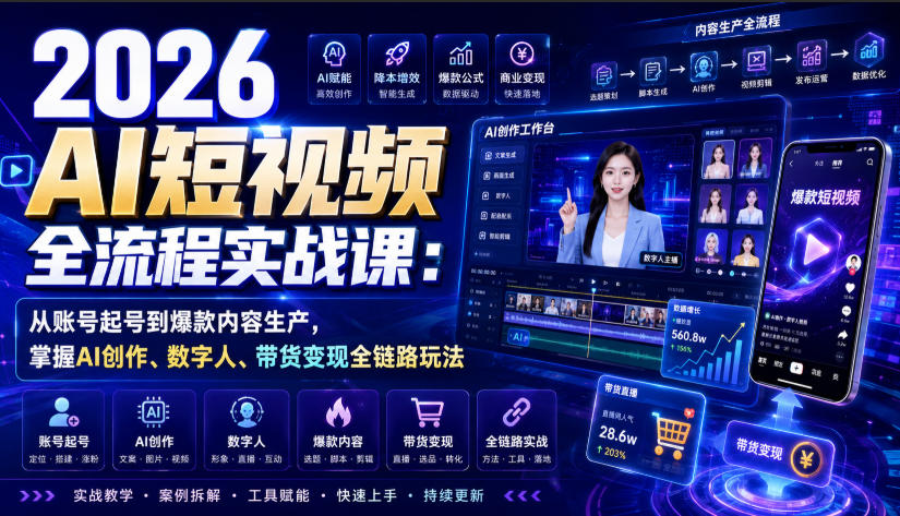 2026 AI短视频全流程实战课：从账号起号到爆款内容生产，掌握AI创作、数字人、带货变现全链路玩法-韬哥副业项目资源网