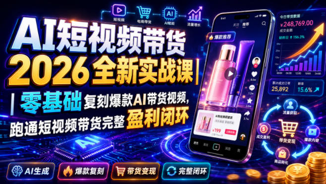 AI短视频带货2026全新实战课｜零基础复刻爆款AI带货视频，跑通短视频带货完整盈利闭环-韬哥副业项目资源网