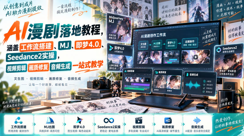 AI漫剧落地教程，涵盖工作流搭建、MJ、即梦4.0、Seedance2实操，视频剪辑画质修复音频生成一站式教学-韬哥副业项目资源网