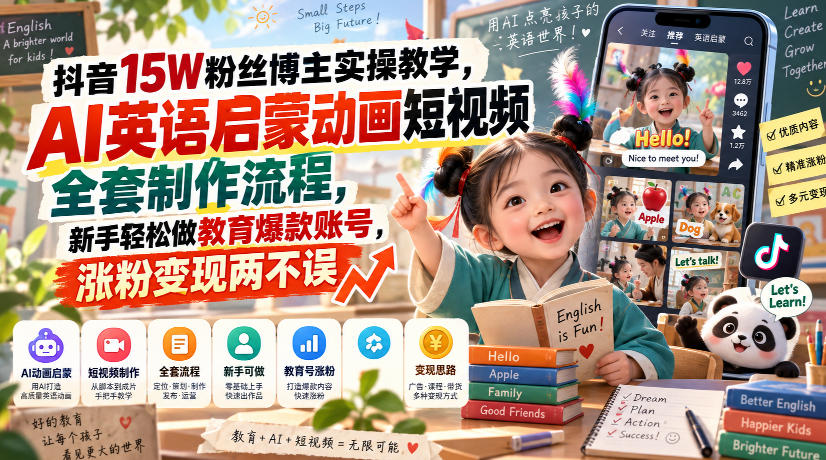 抖音15W粉丝博主实操教学，AI英语启蒙动画短视频全套制作流程，新手轻松做教育爆款账号，涨粉变现两不误-韬哥副业项目资源网