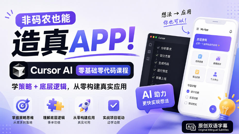 非码农也能造真APP！Cursor AI零基础零代码课程：学策略+底层逻辑，从零构建真实应用【原创双语字幕】-韬哥副业项目资源网
