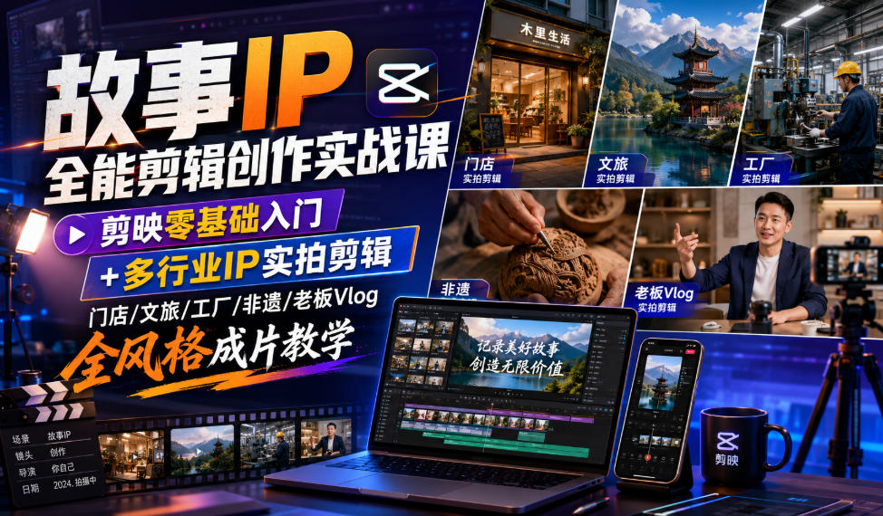 故事IP全能剪辑创作实战课｜剪映零基础入门+多行业IP实拍剪辑，门店/文旅/工厂/非遗/老板Vlog全风格成片教学-韬哥副业项目资源网
