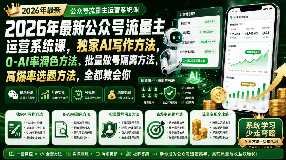 2026年最新公众号流量主运营系统课，独家AI写作方法，0-AI率润色方法、批量做号隔离方法、高爆率选题方法，全都教会你（更新1009）-韬哥副业项目资源网