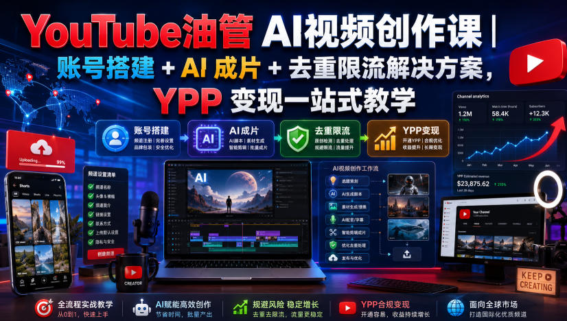 YouTube油管AI视频创作课|账号搭建+AI成片+去重限流解决方案,YPP变现一站式教学(更新0809)-韬哥副业项目资源网