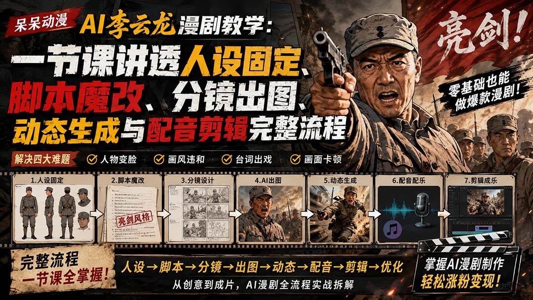 (20107期)呆呆动漫AI李云龙漫剧教学:一节课讲透人设固定、脚本魔改、分镜出图、动态生成与配音剪辑完整流程-韬哥副业项目资源网