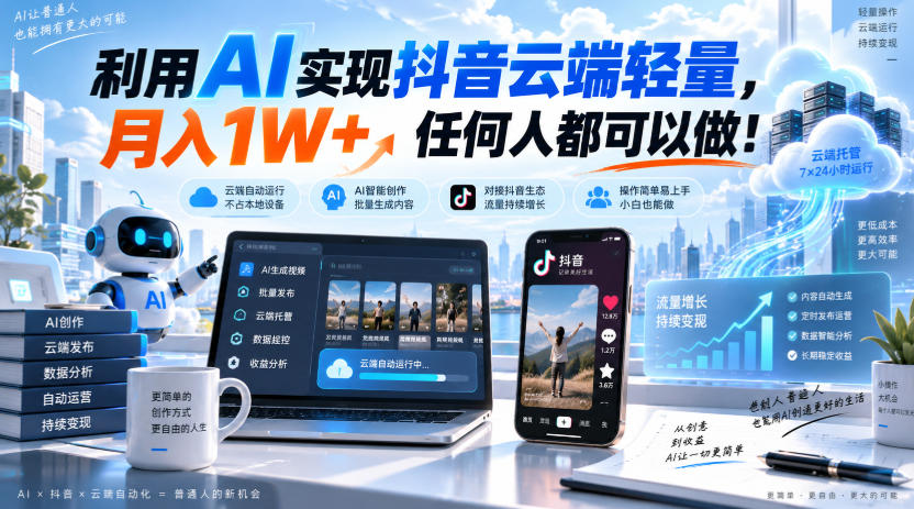 利用AI实现抖音云端轻量，月入1W+，任何人都可以做！【揭秘】-韬哥副业项目资源网