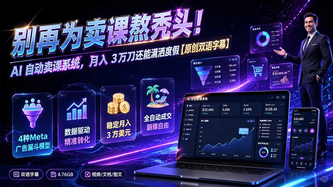 别再为卖课熬秃头！AI 自动卖课系统，月入 3 万刀还能潇洒度假【原创双语字幕】-韬哥副业项目资源网