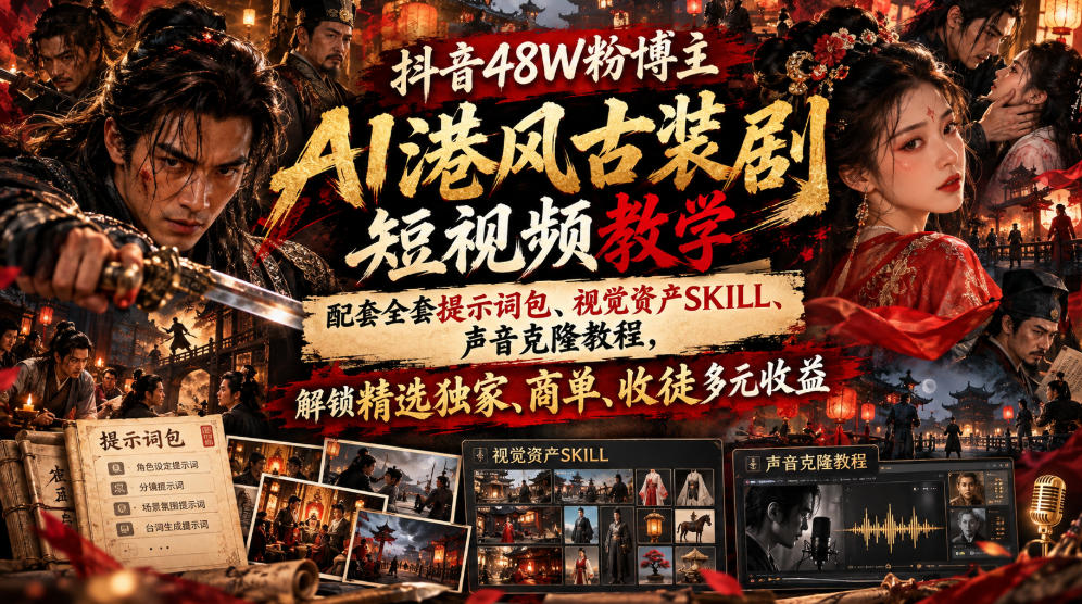 抖音48W粉博主AI港风古装剧短视频教学,配套全套提示词包、视觉资产SKILL、声音克隆教程,解锁精选独家、商单、收徒多元收益-韬哥副业项目资源网