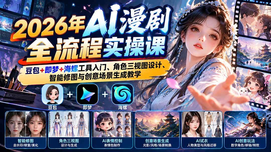 （21077期）2026年AI漫剧全流程实操课：豆包+即梦+海螺工具入门、角色三视图设计、智能修图与创意场景生成教学-韬哥副业项目资源网