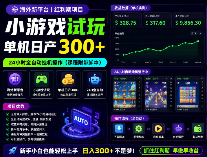 海外新平台，小游戏试玩，单机日产300+，24小时全自动挂G操作(课程附带脚本)【揭秘】-韬哥副业项目资源网