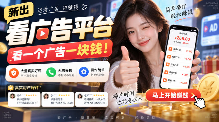 新出看广告平台，看一个广告一块钱，大量真实好评！无需养机、不会黑号，操作简单【揭秘】-韬哥副业项目资源网