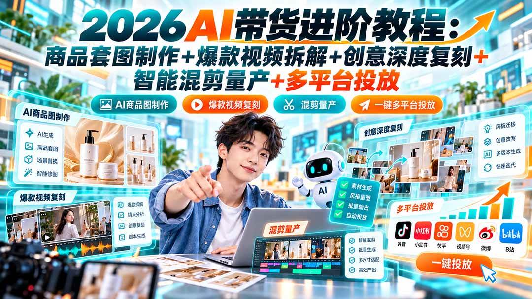 （20857期）2026AI带货进阶教程：商品套图制作+爆款视频拆解+创意深度复刻+智能混剪量产+多平台投放-韬哥副业项目资源网
