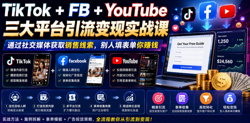 TikTok+FB+YouTube三大平台引流变现实战课，通过社交媒体获取销售线索，别人填表单你賺钱【原创双语字幕】-韬哥副业项目资源网