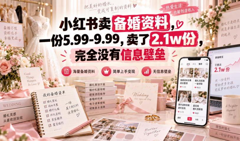 小红书卖备婚资料,一份5.99-9.99,卖了2.1w份,完全没有信息壁垒-韬哥副业项目资源网