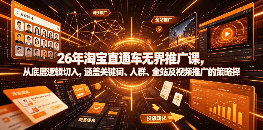 26年淘宝直通车无界推广课,从底层逻辑切入,涵盖关键词、人群、全站及视频推广的策略选择-韬哥副业项目资源网