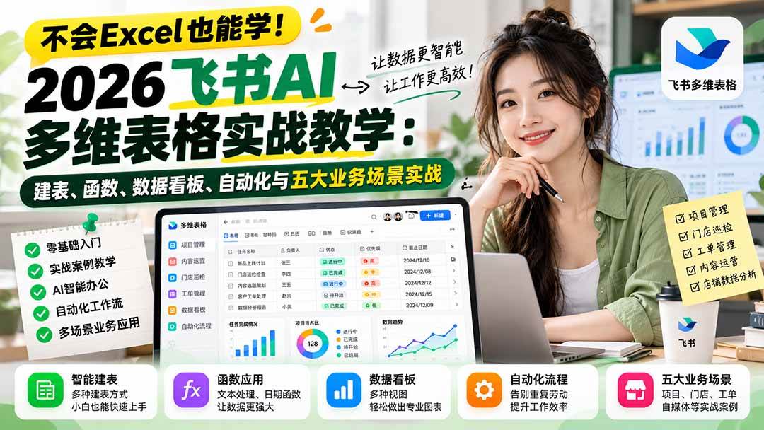 （21153期）不会Excel也能学！2026飞书AI多维表格实战教学：建表、函数、数据看板、自动化与五大业务场景实战-韬哥副业项目资源网