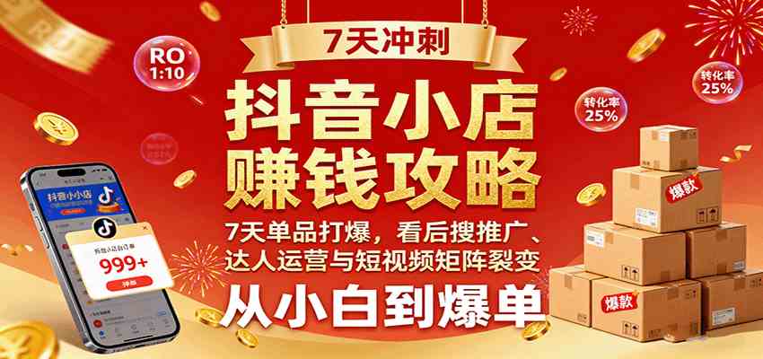 抖音小店赚钱攻略：7天单品打爆技巧，看后搜推广、达人运营与短视频矩阵裂变实战-韬哥副业项目资源网