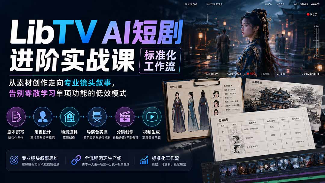 LibTV AI短剧进阶实操课标准化工作流；从素材创作走向专业镜头叙事，告别零散学习单项功能的低效模式-韬哥副业项目资源网