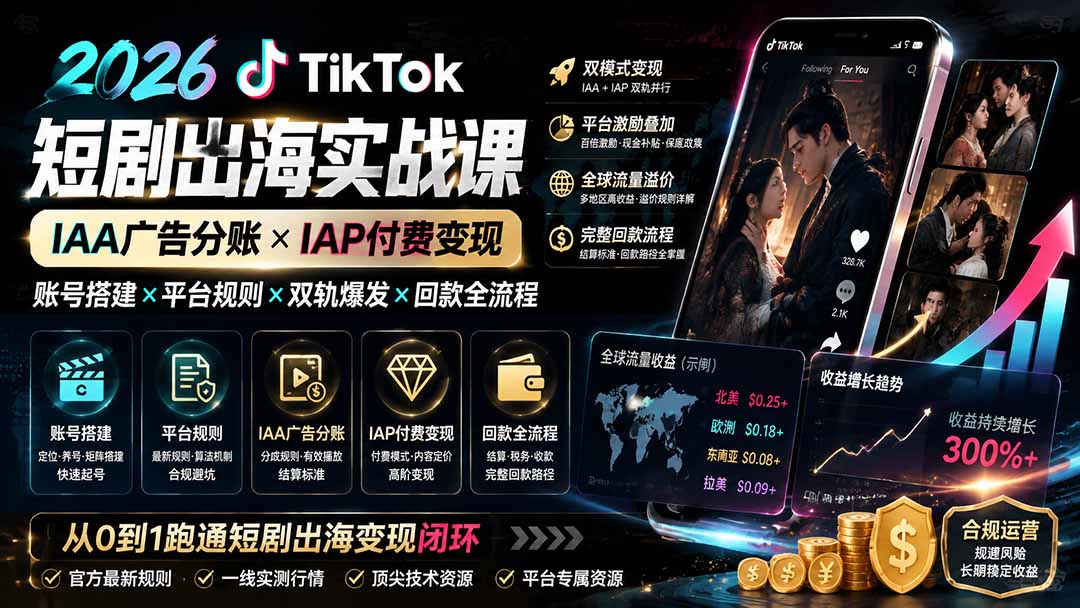 2026TikTok短剧出海实战课：IAA广告分账×IAP付费变现×账号搭建×平台规则×双轨爆发×回款全流程-韬哥副业项目资源网