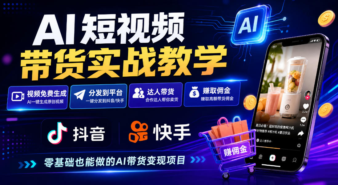 AI短视频带货实战教学，视频免费生成，分发到抖音快手平台，达人带货賺佣金-韬哥副业项目资源网
