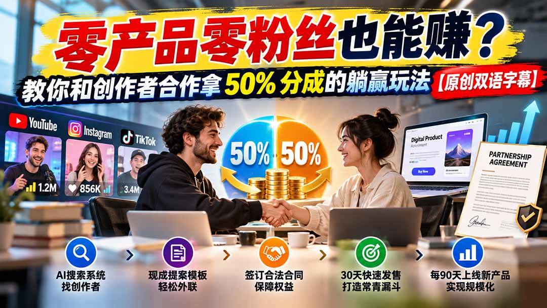 (20957期)零产品零粉丝也能赚?教你和创作者合作拿 50% 分成的躺赢玩法【原创双语字幕】-韬哥副业项目资源网