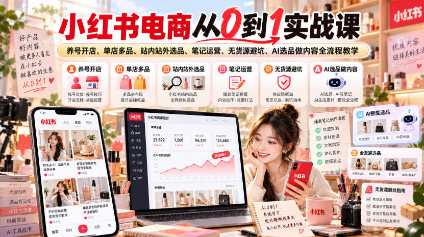 小红书电商从0到1实战课｜养号开店、单店多品、站内站外选品、笔记运营、无货源避坑、AI选品做内容全流程教学-韬哥副业项目资源网