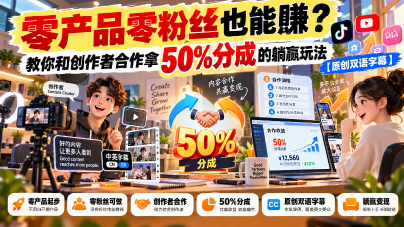 【无水印】零产品零粉丝也能賺？教你和创作者合作拿50%分成的躺赢玩法【原创双语字幕】-韬哥副业项目资源网