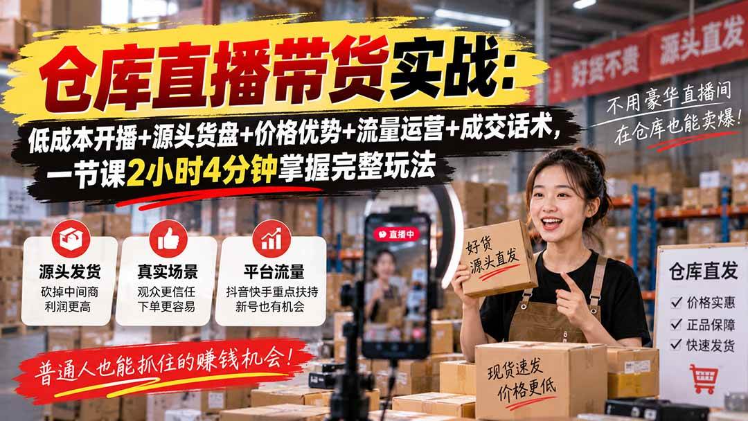 （20471期）仓库直播带货实战：低成本开播+源头货盘+价格优势+流量运营+成交话术，一节课2小时4分钟掌握完整玩法-韬哥副业项目资源网