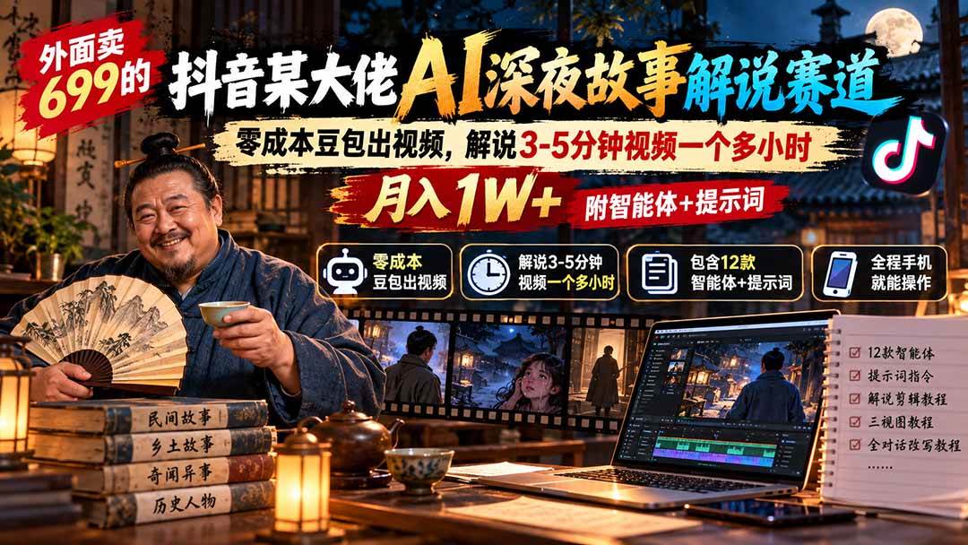 （20853期）外面卖699抖音某大佬AI深夜故事解说赛道-更新：0成本豆包出视频+解说3-5分钟视频一个多小时，月入1W+附智能体+提示词-韬哥副业项目资源网