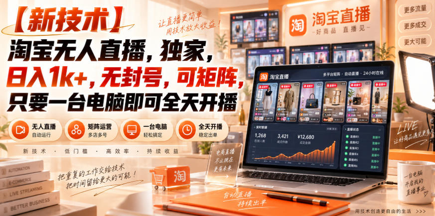 【独家新技术】淘宝无人直播，日入1k+，无封号，可矩阵，只要一台电脑即可全天开播【揭秘】-韬哥副业项目资源网