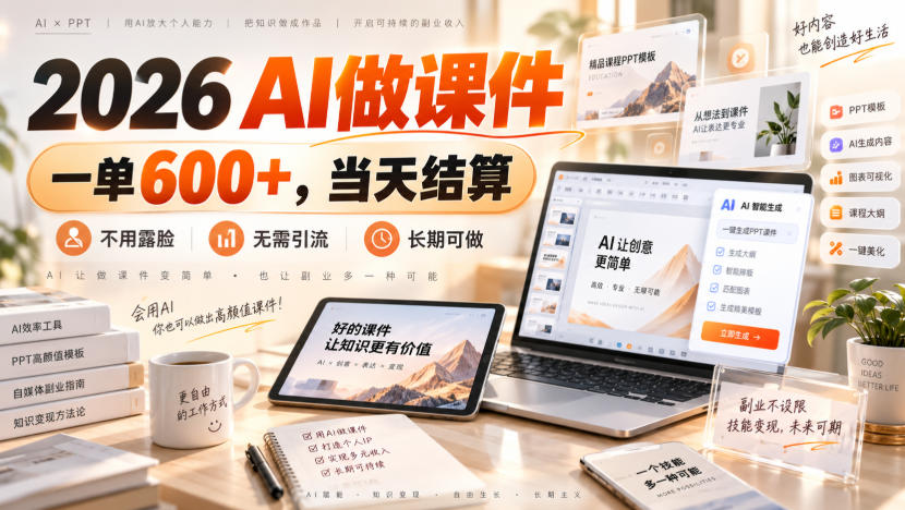2026 AI做课件，一单600+，当天结算，不用露脸，无需引流，长期可做【揭秘】-韬哥副业项目资源网