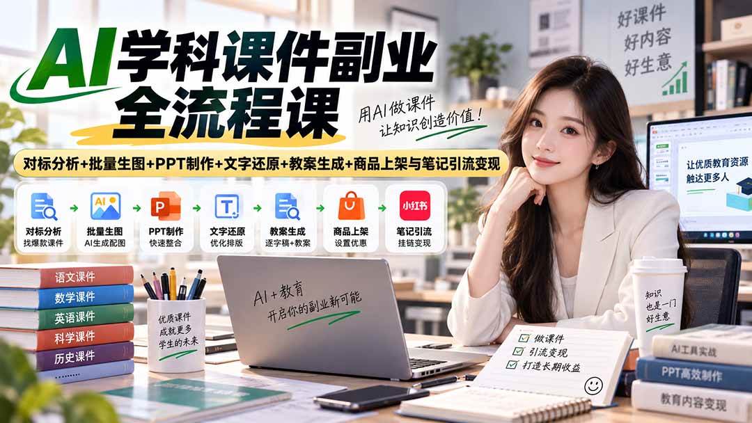 （20469期）AI学科课件副业全流程课｜对标分析+批量生图+PPT制作+文字还原+教案生成+商品上架与笔记引流变现-韬哥副业项目资源网