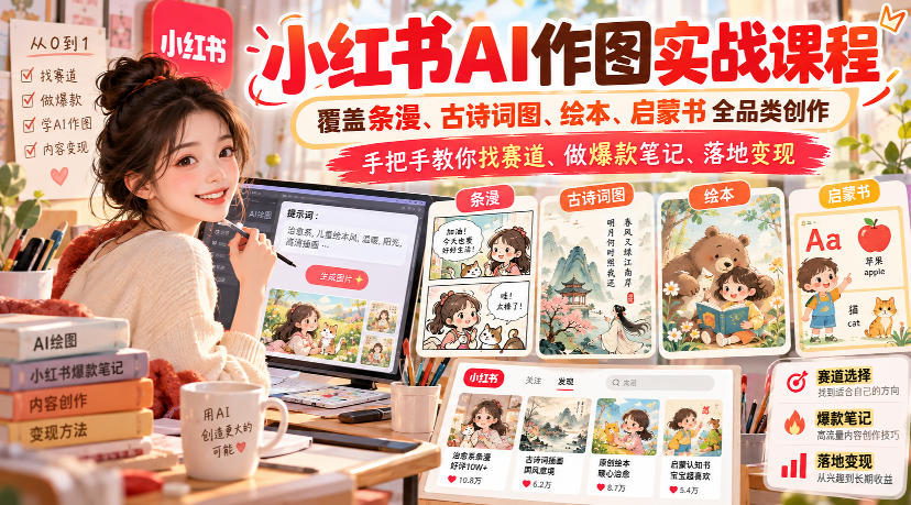 小红书AI作图实战课程，覆盖条漫、古诗词图、绘本、启蒙书全品类创作，手把手教你找赛道、做爆款笔记、落地变现-韬哥副业项目资源网