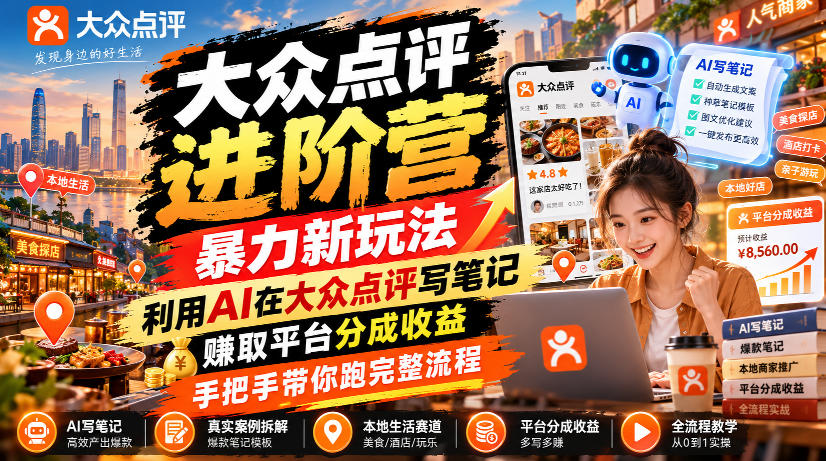 大众点评进阶营,暴力新玩法,利用AI在大众点评写笔记, 賺取平台分成收益,手把手带你跑完整流程 大众点评进阶营,暴力新玩法,利用AI在大众点评写笔记, 賺取平台分成收益,手把手带你跑完整流程