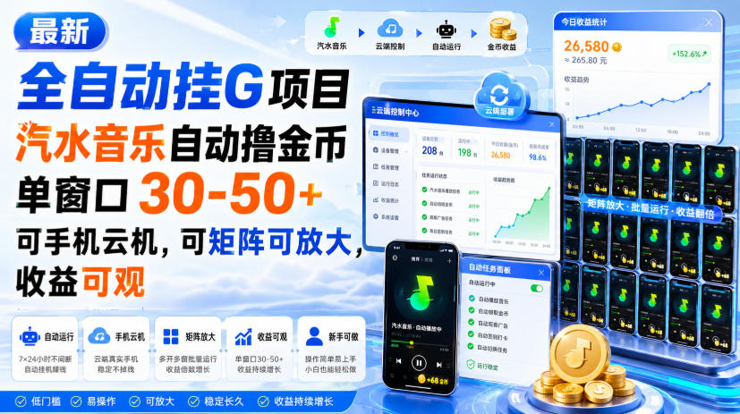 最新全自动挂G项目，汽水音乐自动撸金币单窗口30-50+，可手机云机，可矩阵可放大，收益可观-韬哥副业项目资源网