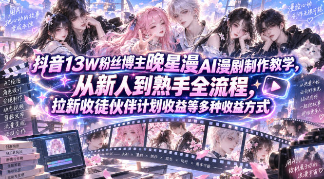 抖音13W粉丝博主晚星漫AI漫剧制作教学，从新人到熟手全流程，拉新收徒伙伴计划收益等多种收益方式，单日1K+