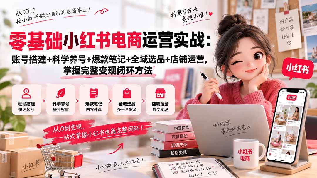 （20467期）零基础小红书电商运营实战：账号搭建+科学养号+爆款笔记+全域选品+店铺运营，掌握完整变现闭环方法-韬哥副业项目资源网