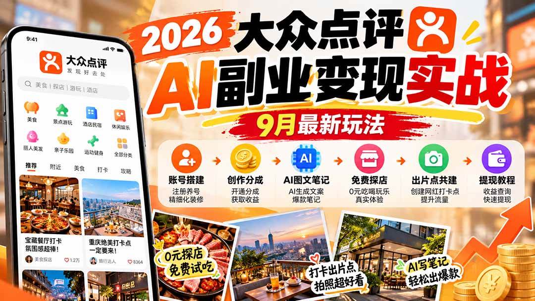 （20873期）2026大众点评AI副业变现实战9月最新玩法：账号搭建+创作分成+AI图文笔记+免费探店+出片点共建与提现教程-韬哥副业项目资源网