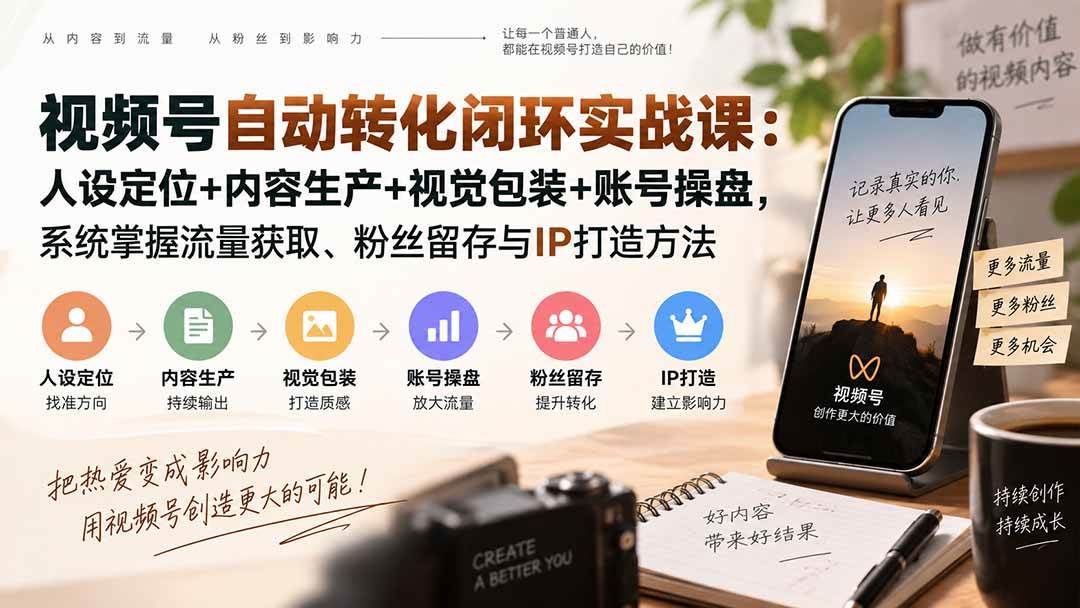(20327期)视频号自动转化闭环实战课:人设定位+内容生产+视觉包装+账号操盘,系统掌握流量获取、粉丝留存与IP打造方法-韬哥副业项目资源网