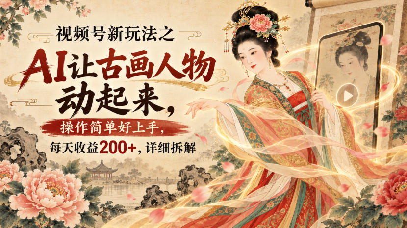 视频号新玩法之AI让古画人物动起来，操作简单好上手，每天收益200+，详细拆解-韬哥副业项目资源网