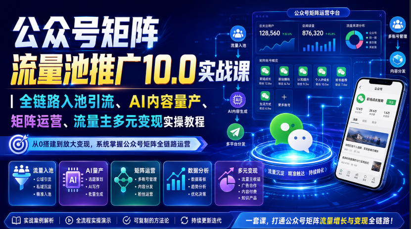 公众号矩阵流量池推广10.0实战课｜全链路入池引流、AI内容量产、矩阵运营、流量主多元变现实操教程-韬哥副业项目资源网