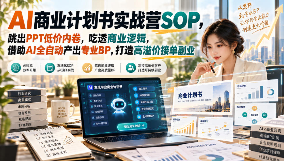 AI商业计划书实战营SOP，跳出PPT低价内卷，吃透商业逻辑，借助AI全自动产出专业BP，打造高溢价接单副业-韬哥副业项目资源网