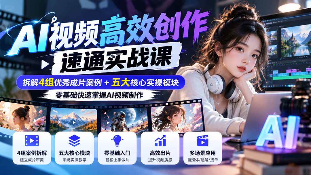 （20819期）【无水印】AI视频高效创作速通实战课：拆解4组优秀成片案例+五大核心实操模块，零基础快速掌握AI视频制作-韬哥副业项目资源网