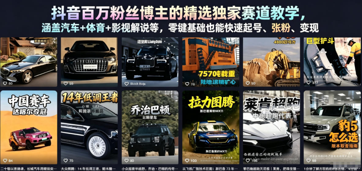 抖音百万粉丝博主的精选独家赛道教学，涵盖汽车+体育+影视解说等，零基础也能快速起号、涨粉、变现-韬哥副业项目资源网