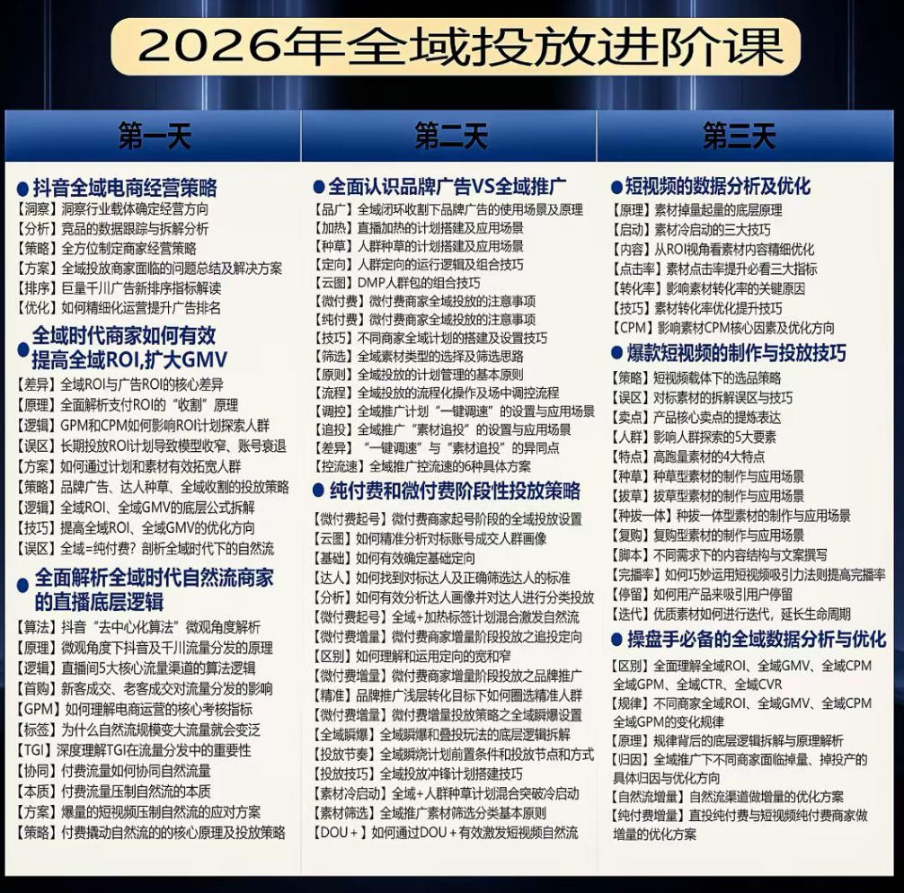 千川扫地僧2026抖音全域投放进阶课,少走弯路·快速起量·掌控增长,6月12-14号杭州线下课-韬哥副业项目资源网