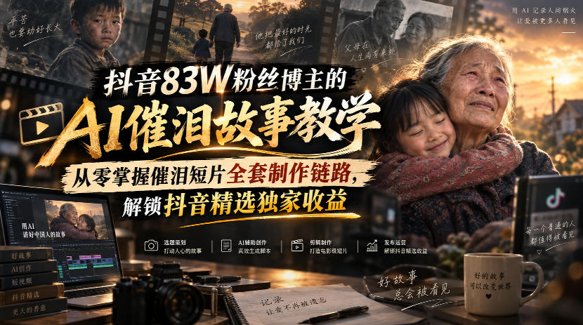 抖音83W粉丝博主的AI催泪故事教学,从零掌握催泪短片全套制作链路,解锁抖音精选独家收益-韬哥副业项目资源网