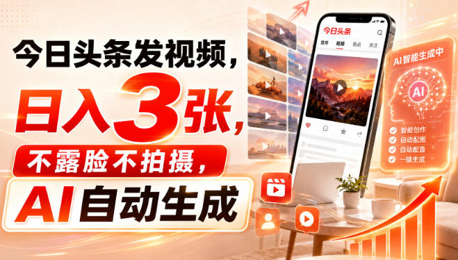 今日头条发视频,日入3张,不露脸不拍摄,AI自动生成-韬哥副业项目资源网