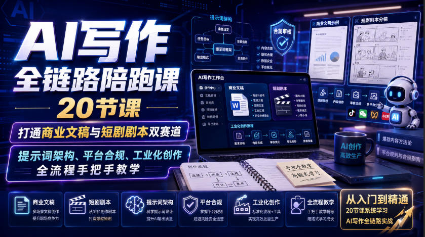 AI写作全链路陪跑课｜20节课打通商业文稿与短剧剧本双赛道，提示词架构、平台合规、工业化创作全流程手把手教学-韬哥副业项目资源网